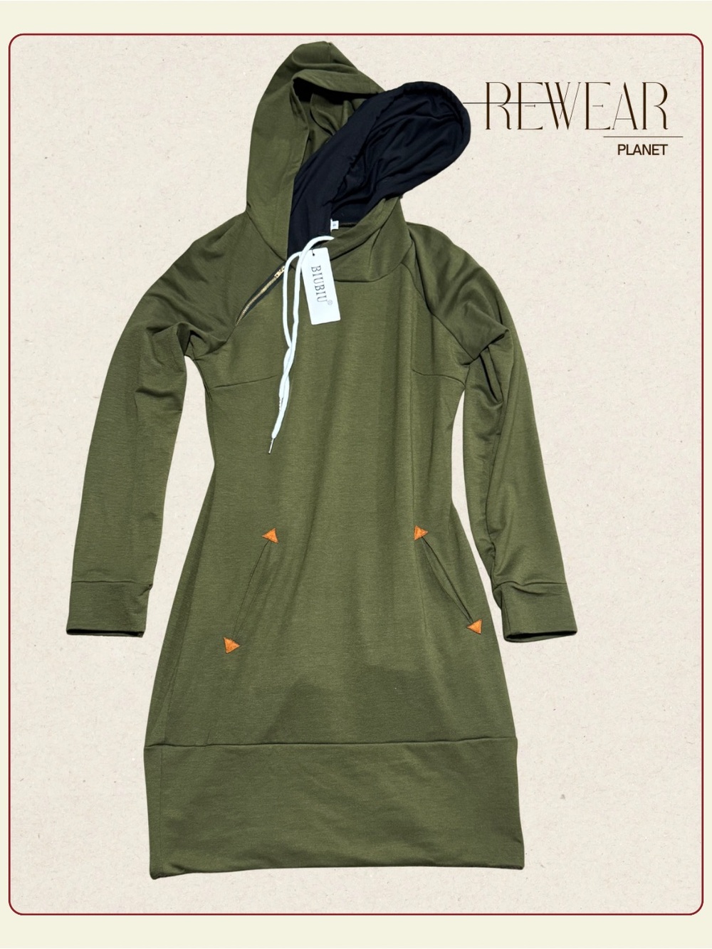 NWT BIUBIU Olive Green Hooded Sweatshirt Dress Size S Asymmetrical Zip Pockets